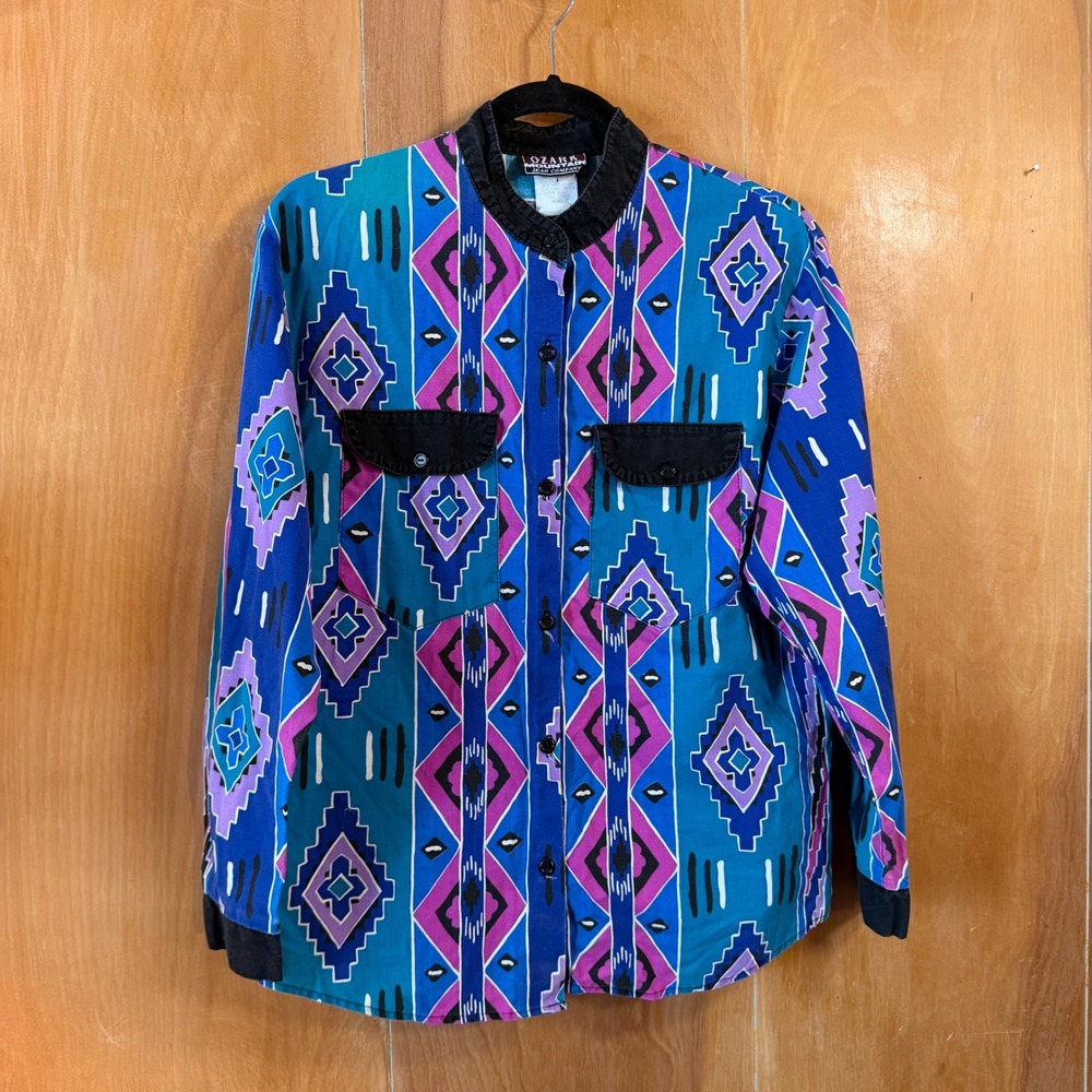 Ozark Mountain Jean Co Vintage Southwestern Shirt Womens Medium Blue Geometric